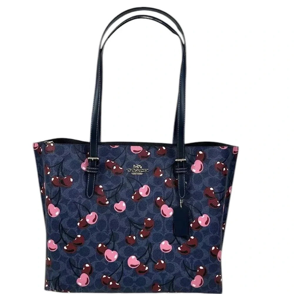 NWT Coach Mollie Tote In Signature Canvas With Cherry Print In Gold/Denim $428